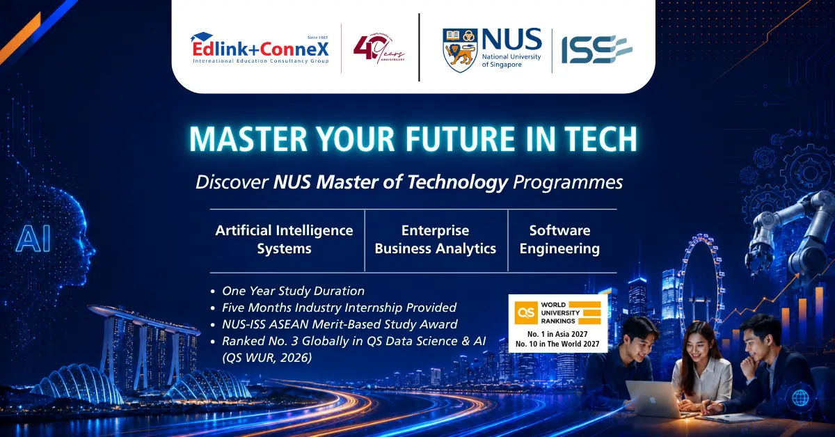 NUS Master of Technology Online Info Session Karier kelas dunia dimulai dengan pendidikan kelas dunia. Hadiri NUS Master of Technology Online Info Session dan dapatkan insight langsung mengenai program, kesempatan internship, serta prospek karier global di bidang AI, Software Engineering, dan Business Analytics. Detail Acara 📅 Sabtu, 12 September 2026 ⏰ 11.00–13.00 WIB 💻 Online via Zoom Acara ini GRATIS, daftarkan dirimu sekarang! NUS Master of Technology Online Info Session